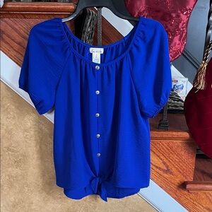 Emi & Joe Elegant Blue Fake Button-Down Short Sleeve Blouse with Tie Waist Small